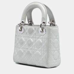 Pre Owned Dior Silver Mini Iridescent Lambskin Cannage Lady Dior