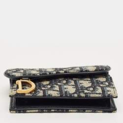 Pre Owned Dior Navy Blue Oblique Canvas and Leather Saddle Card Case