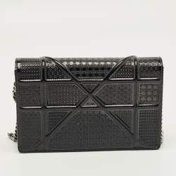 Pre Owned Dior Black Microcannage Patent Leather Diorama Wallet on Chain