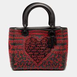 Pre Owned Dior Black/Red Medium Smooth Calfskin Embroidered Heart Playing Cards Lady Dior