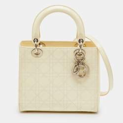 Pre Owned Dior Off White Cannage Patent Leather Medium Lady Dior Tote
