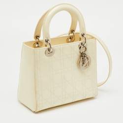 Pre Owned Dior Off White Cannage Patent Leather Medium Lady Dior Tote