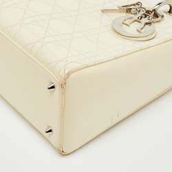 Pre Owned Dior Off White Cannage Patent Leather Medium Lady Dior Tote