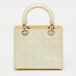 Pre Owned Dior Off White Cannage Patent Leather Medium Lady Dior Tote