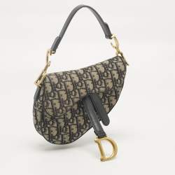Pre Owned Dior Navy Blue Oblique Canvas and Leather Mini Saddle Bag
