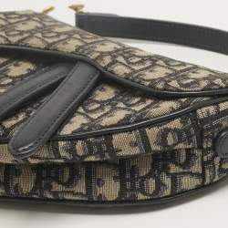 Pre Owned Dior Navy Blue Oblique Canvas and Leather Mini Saddle Bag