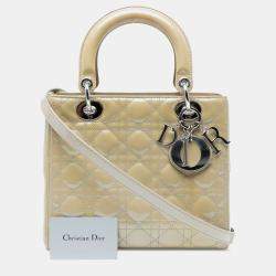 Pre Owned Dior Beige Brown Medium Patent Cannage Lady Dior