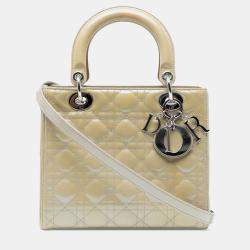 Pre Owned Dior Beige Brown Medium Patent Cannage Lady Dior