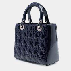 Pre Owned Dior Navy Blue Medium Patent Cannage Lady Dior