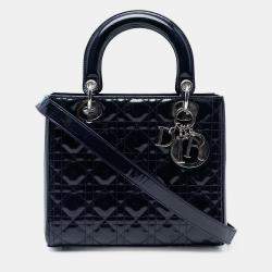 Pre Owned Dior Navy Blue Medium Patent Cannage Lady Dior