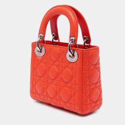 Pre Owned Dior Orange Mini Lambskin Cannage Lady Dior