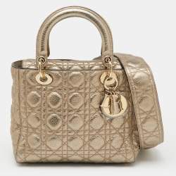 Pre Owned Dior Metallic Gold Cannage Soft Leather Medium Lady Dior Tote