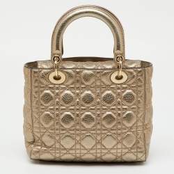 Pre Owned Dior Metallic Gold Cannage Soft Leather Medium Lady Dior Tote
