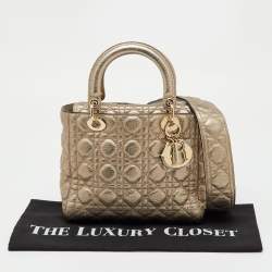 Pre Owned Dior Metallic Gold Cannage Soft Leather Medium Lady Dior Tote