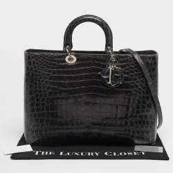 Pre Owned Dior Dark Grey Shine Crocodile Extra Large Lady Dior Tote