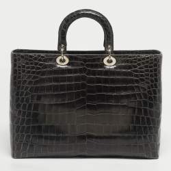 Pre Owned Dior Dark Grey Shine Crocodile Extra Large Lady Dior Tote
