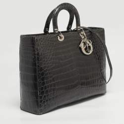 Pre Owned Dior Dark Grey Shine Crocodile Extra Large Lady Dior Tote