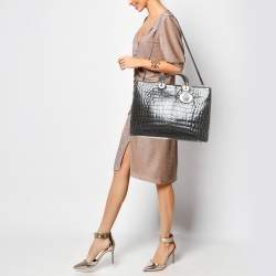Pre Owned Dior Dark Grey Shine Crocodile Extra Large Lady Dior Tote