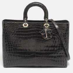 Pre Owned Dior Dark Grey Shine Crocodile Extra Large Lady Dior Tote