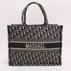 Pre Owned Dior Navy Blue Oblique Embroidered Canvas Medium Book Tote
