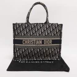 Pre Owned Dior Navy Blue Oblique Embroidered Canvas Medium Book Tote