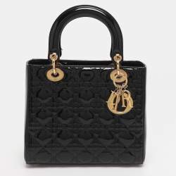 Pre Owned Dior Black Cannage Patent Leather Medium Lady Dior Tote