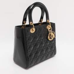 Pre Owned Dior Black Cannage Patent Leather Medium Lady Dior Tote
