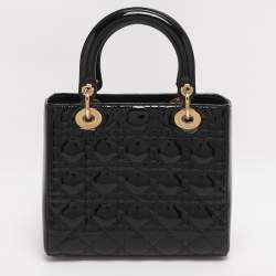 Pre Owned Dior Black Cannage Patent Leather Medium Lady Dior Tote