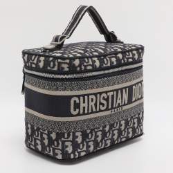 Pre Owned Dior Blue Oblique Canvas Travel Vanity Case Top Handle Bag