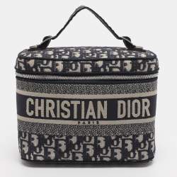 Pre Owned Dior Blue Oblique Canvas Travel Vanity Case Top Handle Bag
