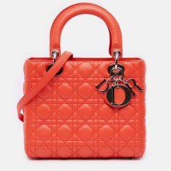 Pre Owned Dior Orange Medium Lambskin Cannage Lady Dior