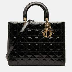 Pre Owned Dior Black Large Patent Cannage Lady Dior