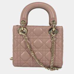 Pre Owned Christian Dior Dior Lady Mini Cannage Chain Shoulder Bag Lambskin Pink Beige