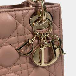 Pre Owned Christian Dior Dior Lady Mini Cannage Chain Shoulder Bag Lambskin Pink Beige
