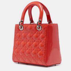 Pre Owned Dior Orange Medium Patent Cannage Lady Dior