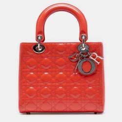 Pre Owned Dior Orange Medium Patent Cannage Lady Dior
