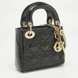 Pre Owned Dior Black Cannage Patent Leather Mini Lady Dior Tote