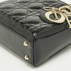 Pre Owned Dior Black Cannage Patent Leather Mini Lady Dior Tote