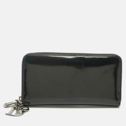 Pre Owned Dior Black Glossy Leather Lady Dior Zip Continental Wallet