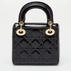 Pre Owned Dior Black Cannage Patent Leather Mini Lady Dior Tote