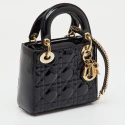 Pre Owned Dior Black Cannage Patent Leather Mini Lady Dior Tote