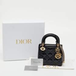Pre Owned Dior Black Cannage Patent Leather Mini Lady Dior Tote