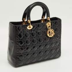 Pre Owned Dior Black Cannage Patent Leather Large Lady Dior Tote