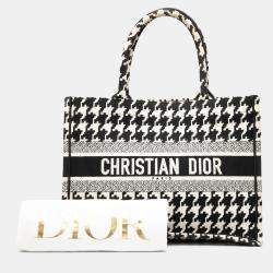 Pre Owned Dior Black White Medium Canvas Houndstooth Embroidered Book Tote