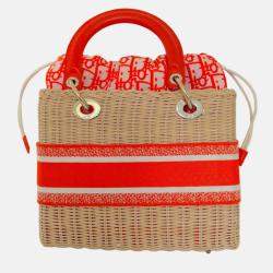 Pre Owned Christian Dior Orange Lady Dior Natural Wicker Medium Bag