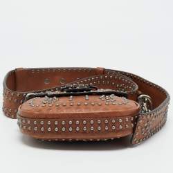 Pre Owned Dior Brown Woven Embossed Leather Studded D-Fence Saddle Bag