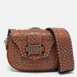 Pre Owned Dior Brown Woven Embossed Leather Studded D-Fence Saddle Bag
