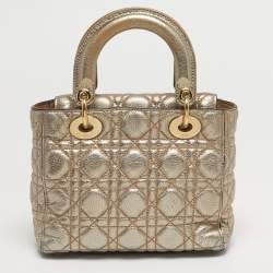 Pre Owned Dior Gold Cannage Leather Small Supple Lady Dior Tote