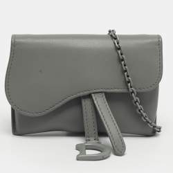 Pre Owned Dior Grey Ultra Matte Leather Nano Saddle Chain Pouch