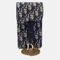 Pre Owned Dior Navy Blue Fabric Oblique Chain Crossbody Bag